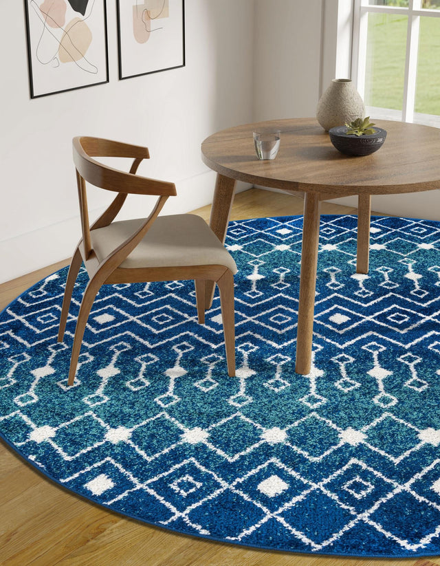 Navy and Teal 3' 1 x 3' 1 Tribal Trellis Round Area Rug Geometric Southwestern Inspired Durable Carpet for Home Interior Design for Sale at Rug Engine