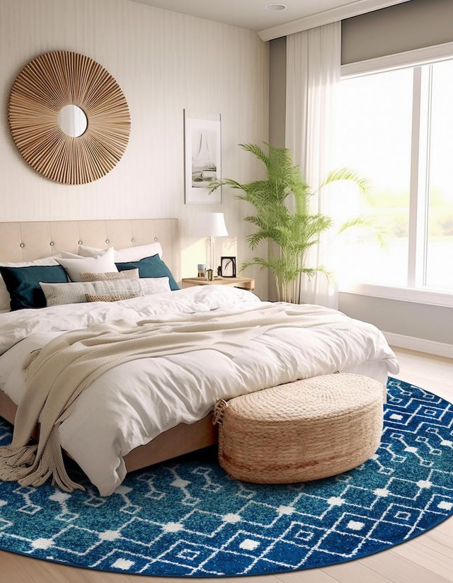 Navy and Teal 6' 1 x 6' 1 Tribal Trellis Round Area Rug Geometric Southwestern Inspired Durable Carpet for Home Interior Design for Sale at Rug Engine
