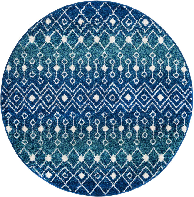 Navy and Teal 5' 3 x 5' 3 Tribal Trellis Round Area Rug Geometric Southwestern Inspired Durable Carpet for Home Interior Design for Sale at Rug Engine