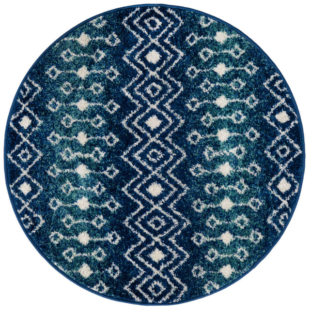 Navy and Teal 3' 1 x 3' 1 Tribal Trellis Round Area Rug Geometric Southwestern Inspired Durable Carpet for Home Interior Design for Sale at Rug Engine
