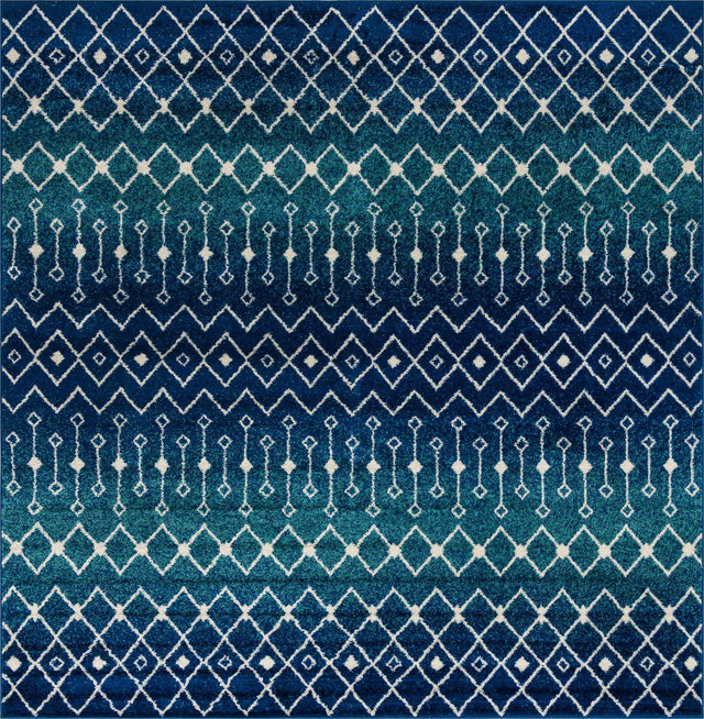 Navy and Teal 10' x 10' Tribal Trellis Square Area Rug Geometric Southwestern Inspired Durable Carpet for Home Interior Design for Sale at Rug Engine