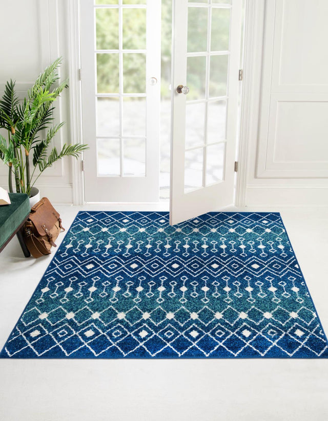 Navy and Teal 7' 10 x 7' 10 Tribal Trellis Square Area Rug Geometric Southwestern Inspired Durable Carpet for Home Interior Design for Sale at Rug Engine