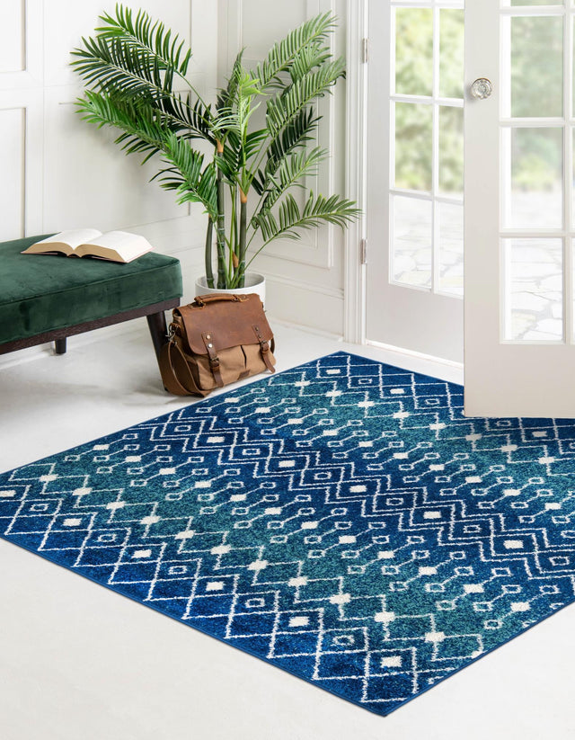 Navy and Teal 5' 3 x 5' 3 Tribal Trellis Square Area Rug Geometric Southwestern Inspired Durable Carpet for Home Interior Design for Sale at Rug Engine