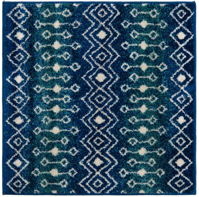 Navy and Teal 3' 1 x 3' 1 Tribal Trellis Square Area Rug Geometric Southwestern Inspired Durable Carpet for Home Interior Design for Sale at Rug Engine