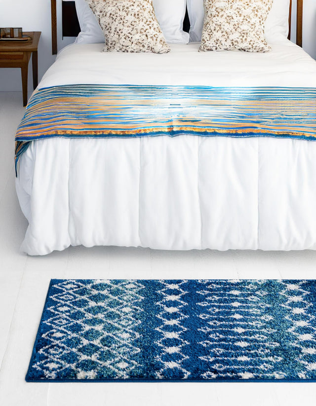 Navy and Teal 2' 7 x 10' Tribal Trellis Runner Area Rug Geometric Southwestern Inspired Durable Carpet for Home Interior Design for Sale at Rug Engine