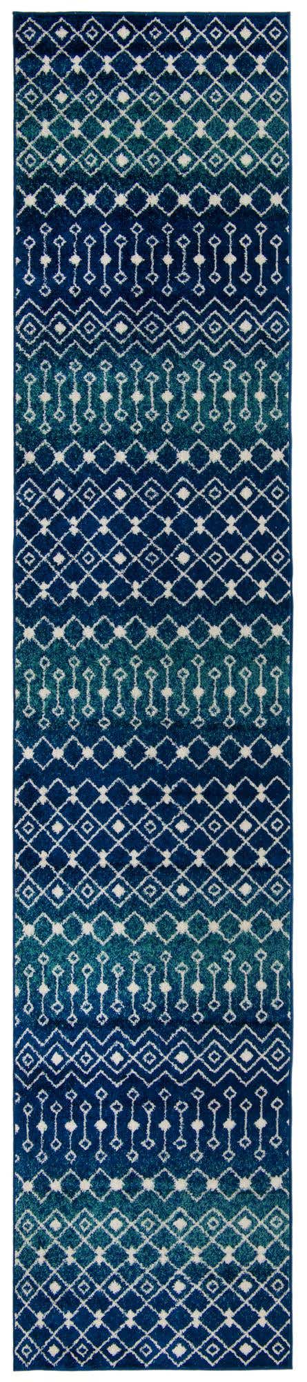 Navy and Teal 3' 3 x 16' 5 Tribal Trellis Runner Area Rug Geometric Southwestern Inspired Durable Carpet for Home Interior Design for Sale at Rug Engine