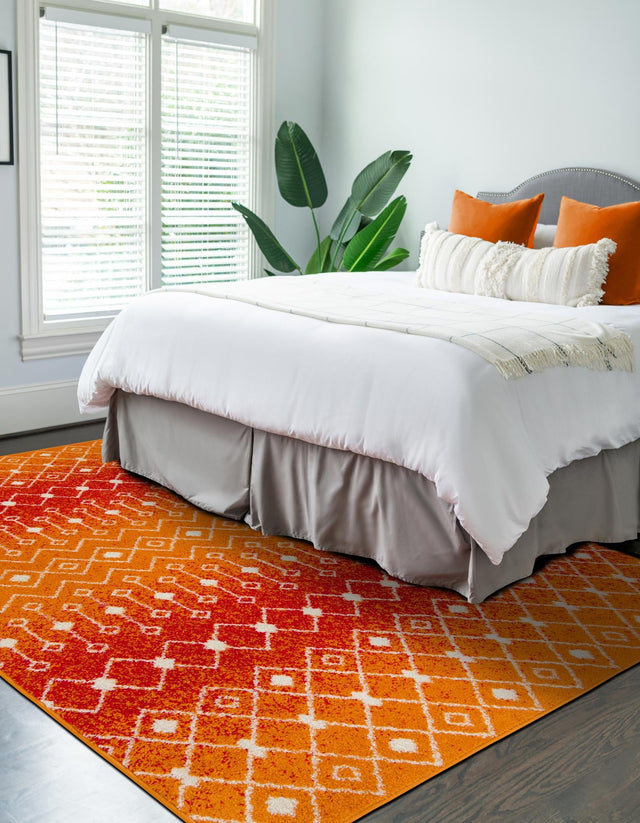 Orange and Red 9' x 12' Tribal Trellis Rectangle Area Rug Geometric Southwestern Inspired Durable Carpet for Home Interior Design for Sale at Rug Engine
