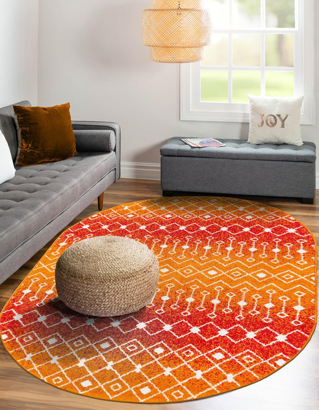 Orange and Red 5' 3 x 8' Tribal Trellis Oval Area Rug Geometric Southwestern Inspired Durable Carpet for Home Interior Design for Sale at Rug Engine