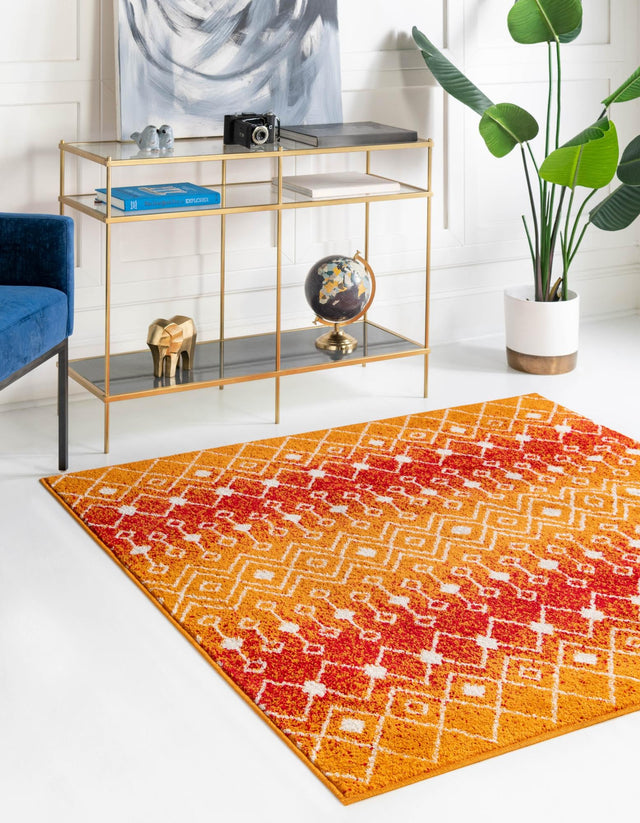 Orange and Red 3' 3 x 3' 3 Tribal Trellis Square Area Rug Geometric Southwestern Inspired Durable Carpet for Home Interior Design for Sale at Rug Engine