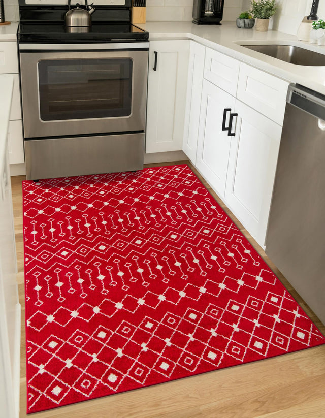 Burgundy Red 5' 3 x 8' Tribal Trellis Rectangle Area Rug Geometric Southwestern Inspired Durable Carpet for Home Interior Design for Sale at Rug Engine