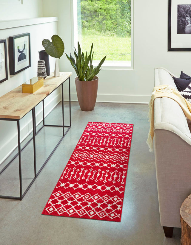 Burgundy Red 2' x 8' Tribal Trellis Runner Area Rug Geometric Southwestern Inspired Durable Carpet for Home Interior Design for Sale at Rug Engine