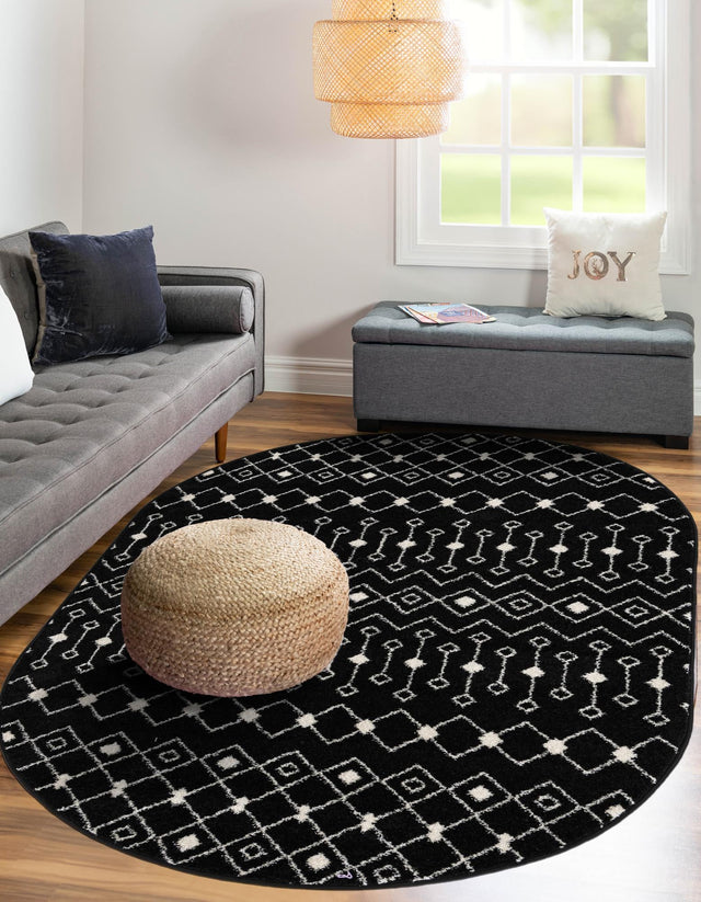Black and White 5' 3 x 8' Tribal Trellis Oval Area Rug Geometric Southwestern Inspired Durable Carpet for Home Interior Design for Sale at Rug Engine