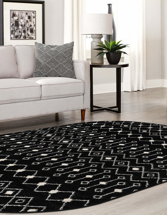 Black and White 5' 3 x 8' Tribal Trellis Oval Area Rug Geometric Southwestern Inspired Durable Carpet for Home Interior Design for Sale at Rug Engine