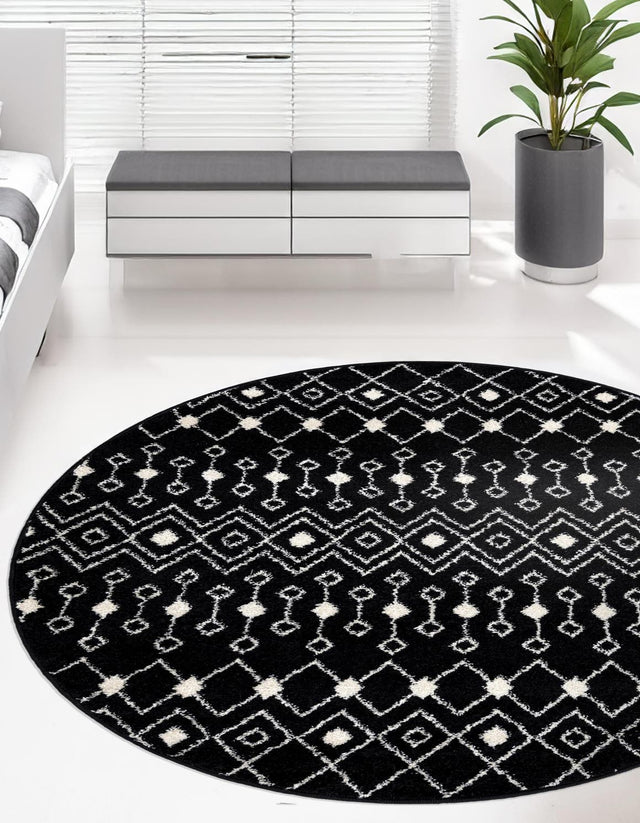 Black and White 6' 1 x 6' 1 Tribal Trellis Round Area Rug Geometric Southwestern Inspired Durable Carpet for Home Interior Design for Sale at Rug Engine
