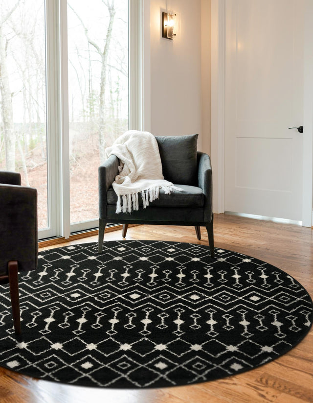 Black and White 7' 10 x 7' 10 Tribal Trellis Round Area Rug Geometric Southwestern Inspired Durable Carpet for Home Interior Design for Sale at Rug Engine