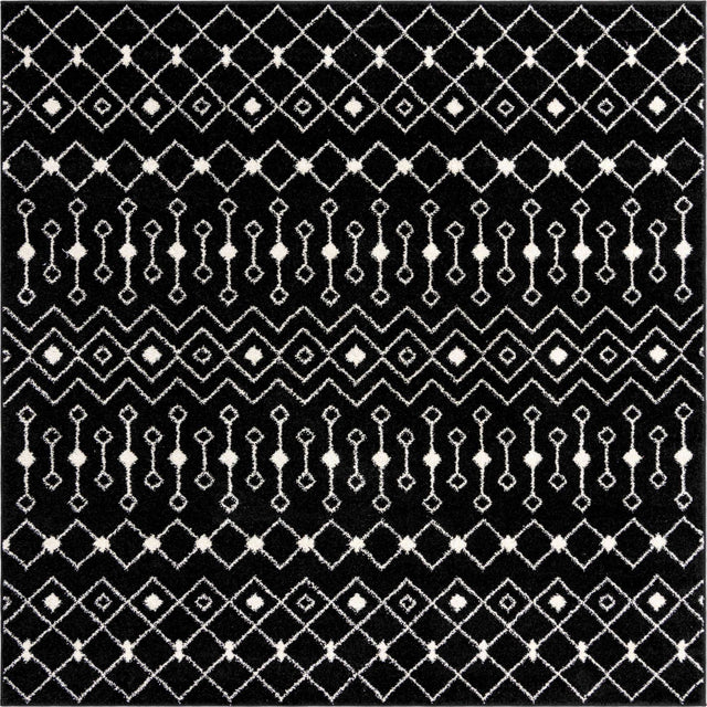 Black and White 7' 10 x 7' 10 Tribal Trellis Square Area Rug Geometric Southwestern Inspired Durable Carpet for Home Interior Design for Sale at Rug Engine