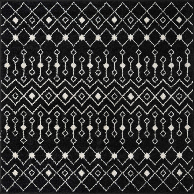 Black and White 6' 1 x 6' 1 Tribal Trellis Square Area Rug Geometric Southwestern Inspired Durable Carpet for Home Interior Design for Sale at Rug Engine