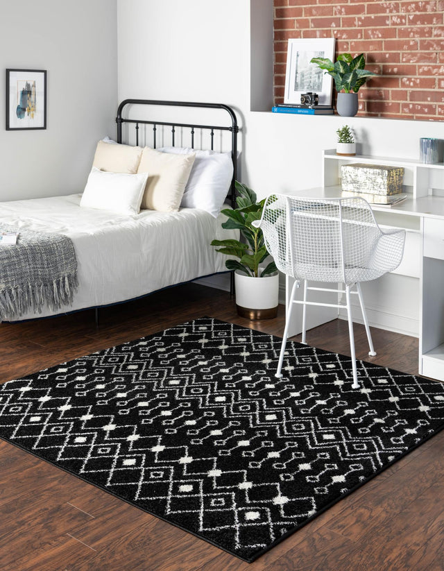 Black and White 6' 1 x 6' 1 Tribal Trellis Square Area Rug Geometric Southwestern Inspired Durable Carpet for Home Interior Design for Sale at Rug Engine