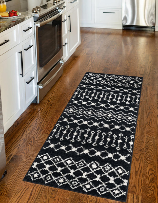 Black and White 2' 7 x 10' Tribal Trellis Runner Area Rug Geometric Southwestern Inspired Durable Carpet for Home Interior Design for Sale at Rug Engine