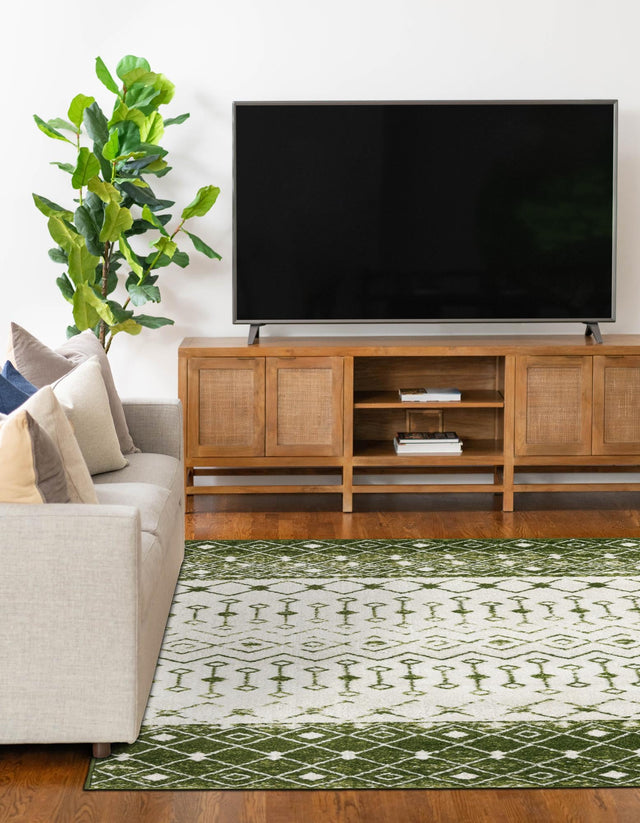 Ivory Green 5' 3 x 8' Tribal Trellis Rectangle Area Rug Geometric Southwestern Inspired Durable Carpet for Home Interior Design for Sale at Rug Engine