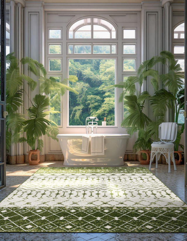 Ivory Green 5' 3 x 8' Tribal Trellis Rectangle Area Rug Geometric Southwestern Inspired Durable Carpet for Home Interior Design for Sale at Rug Engine