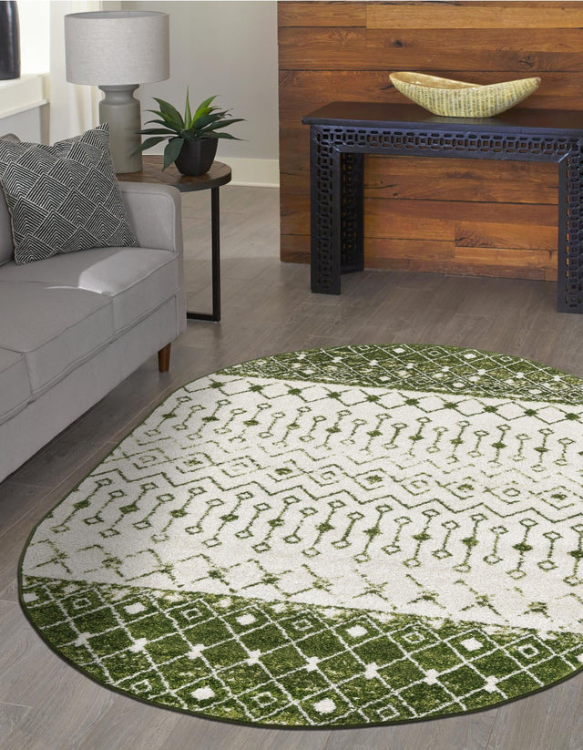 Ivory Green 4' x 6' Tribal Trellis Oval Area Rug Geometric Southwestern Inspired Durable Carpet for Home Interior Design for Sale at Rug Engine