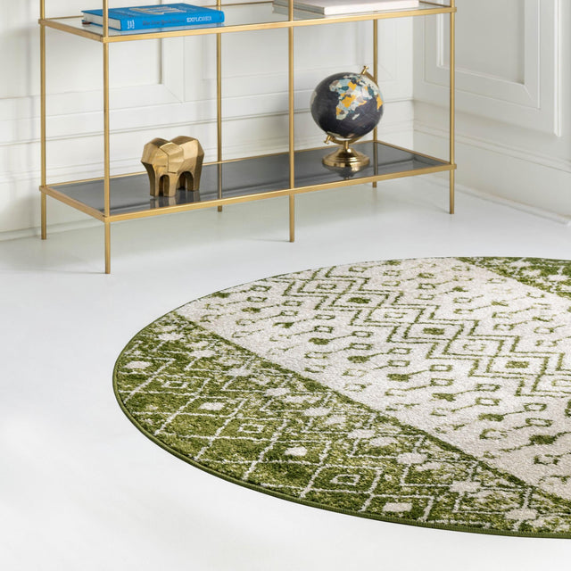 Ivory Green 6' x 6' Tribal Trellis Round Area Rug Geometric Southwestern Inspired Durable Carpet for Home Interior Design for Sale at Rug Engine