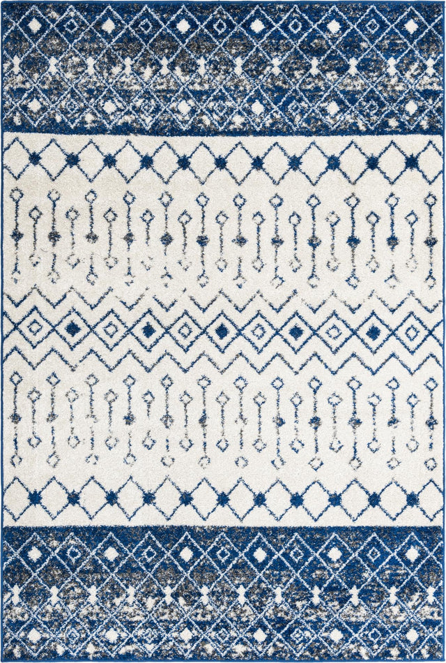 Ivory Navy Blue 6' x 9' Tribal Trellis Rectangle Area Rug Geometric Southwestern Inspired Durable Carpet for Home Interior Design for Sale at Rug Engine