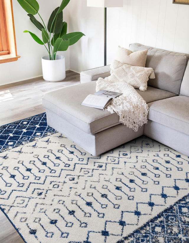 Ivory Navy Blue 4' x 6' Tribal Trellis Rectangle Area Rug Geometric Southwestern Inspired Durable Carpet for Home Interior Design for Sale at Rug Engine