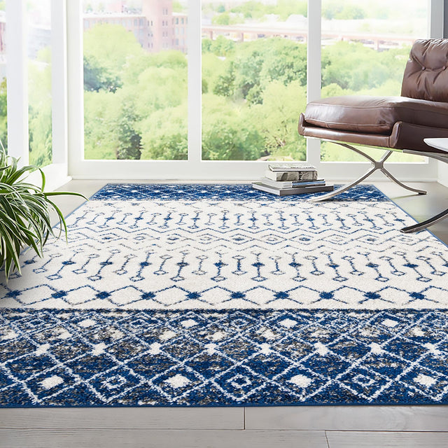 Ivory Navy Blue 4' x 6' Tribal Trellis Rectangle Area Rug Geometric Southwestern Inspired Durable Carpet for Home Interior Design for Sale at Rug Engine