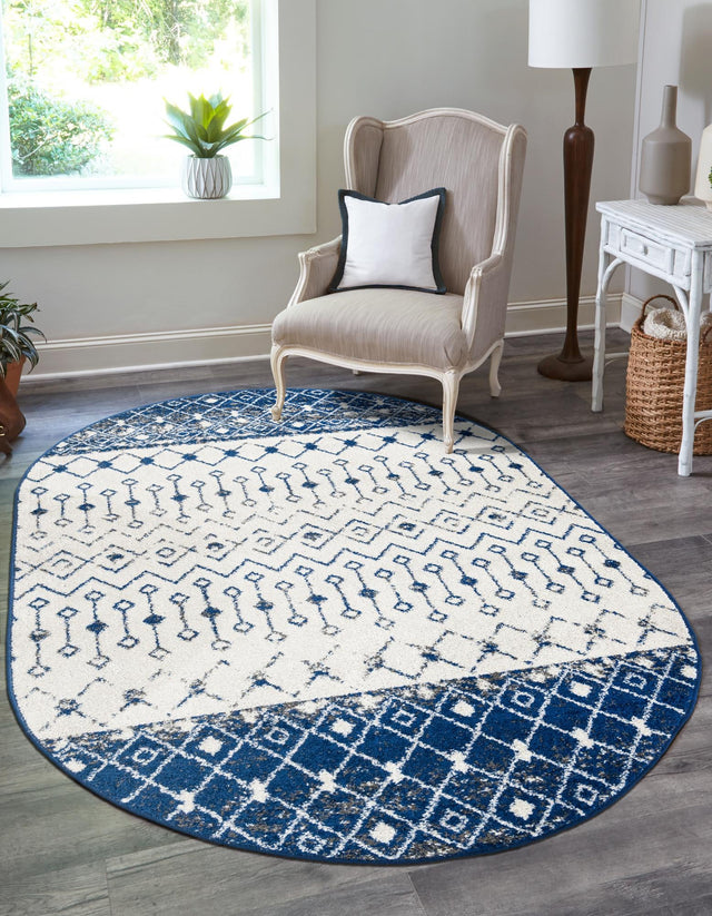 Ivory Navy Blue 4' x 6' Tribal Trellis Oval Area Rug Geometric Southwestern Inspired Durable Carpet for Home Interior Design for Sale at Rug Engine