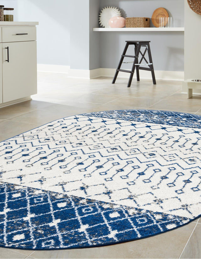 Ivory Navy Blue 4' x 6' Tribal Trellis Oval Area Rug Geometric Southwestern Inspired Durable Carpet for Home Interior Design for Sale at Rug Engine