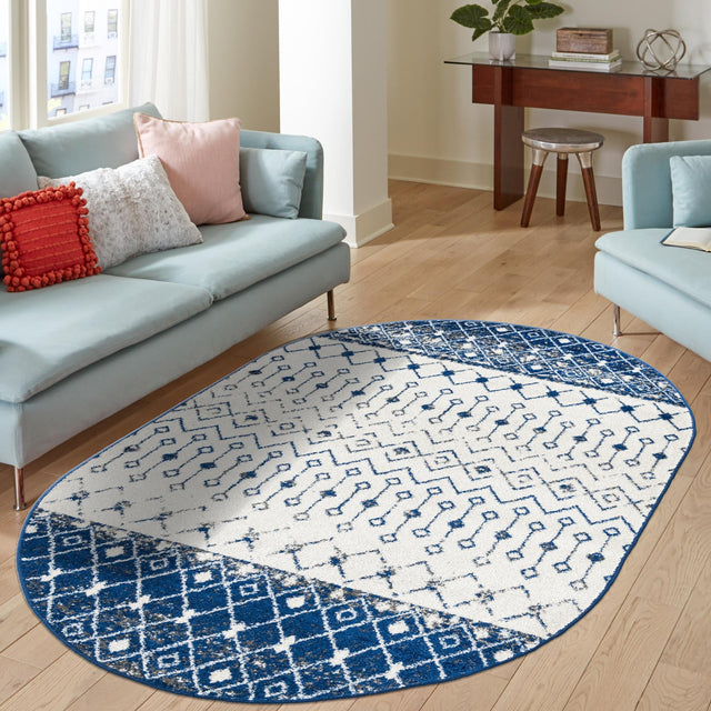 Ivory Navy Blue 4' x 6' Tribal Trellis Oval Area Rug Geometric Southwestern Inspired Durable Carpet for Home Interior Design for Sale at Rug Engine