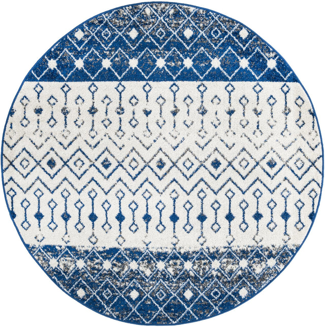 Ivory Navy Blue 6' x 6' Tribal Trellis Round Area Rug Geometric Southwestern Inspired Durable Carpet for Home Interior Design for Sale at Rug Engine