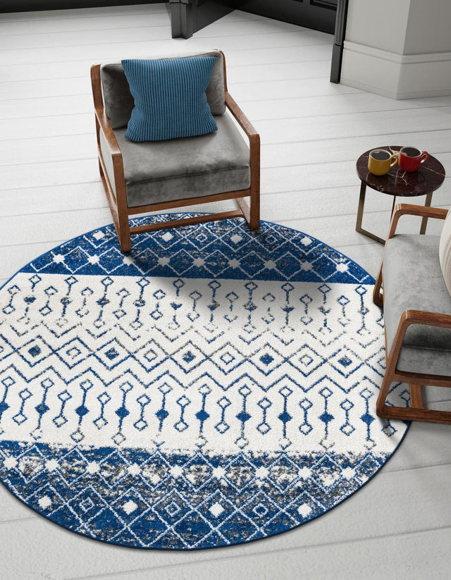 Ivory Navy Blue 3' 3 x 3' 3 Tribal Trellis Round Area Rug Geometric Southwestern Inspired Durable Carpet for Home Interior Design for Sale at Rug Engine