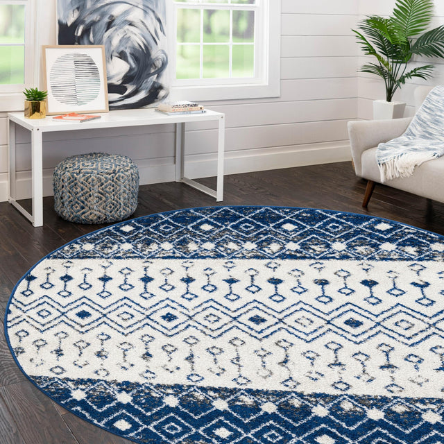 Ivory Navy Blue 6' x 6' Tribal Trellis Round Area Rug Geometric Southwestern Inspired Durable Carpet for Home Interior Design for Sale at Rug Engine