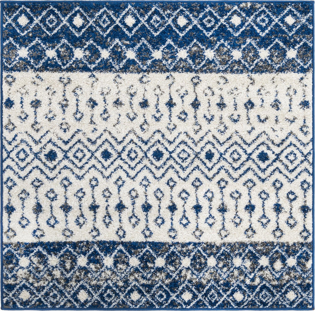Ivory Navy Blue 4' x 4' Tribal Trellis Square Area Rug Geometric Southwestern Inspired Durable Carpet for Home Interior Design for Sale at Rug Engine