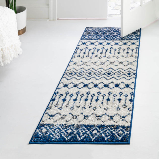 Ivory Navy Blue 2' x 5' Tribal Trellis Runner Area Rug Geometric Southwestern Inspired Durable Carpet for Home Interior Design for Sale at Rug Engine