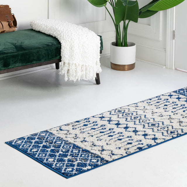 Ivory Navy Blue 2' x 5' Tribal Trellis Runner Area Rug Geometric Southwestern Inspired Durable Carpet for Home Interior Design for Sale at Rug Engine
