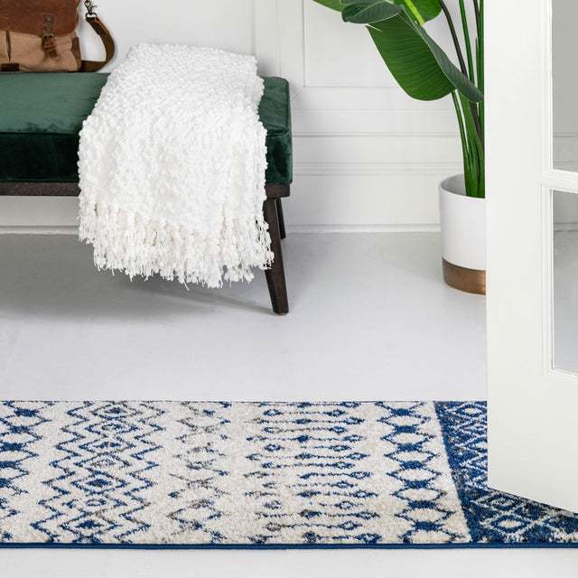 Ivory Navy Blue 2' x 5' Tribal Trellis Runner Area Rug Geometric Southwestern Inspired Durable Carpet for Home Interior Design for Sale at Rug Engine