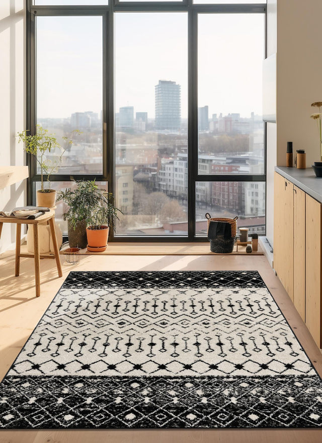 Black and White 10' x 13' 1 Tribal Trellis Rectangle Area Rug Geometric Southwestern Inspired Durable Carpet for Home Interior Design for Sale at Rug Engine