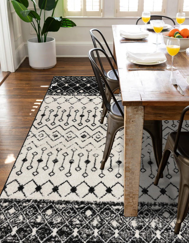 Black and White 4' 1 x 6' 1 Tribal Trellis Rectangle Area Rug Geometric Southwestern Inspired Durable Carpet for Home Interior Design for Sale at Rug Engine