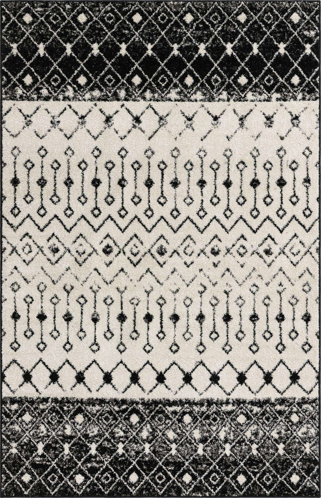 Black and White 5' 3 x 8' Tribal Trellis Rectangle Area Rug Geometric Southwestern Inspired Durable Carpet for Home Interior Design for Sale at Rug Engine