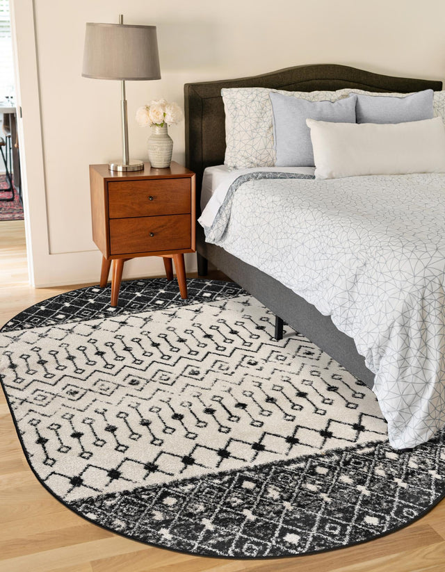 Black and White 7' 10 x 10' Tribal Trellis Oval Area Rug Geometric Southwestern Inspired Durable Carpet for Home Interior Design for Sale at Rug Engine