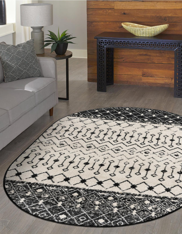 Black and White 4' 1 x 6' 1 Tribal Trellis Oval Area Rug Geometric Southwestern Inspired Durable Carpet for Home Interior Design for Sale at Rug Engine