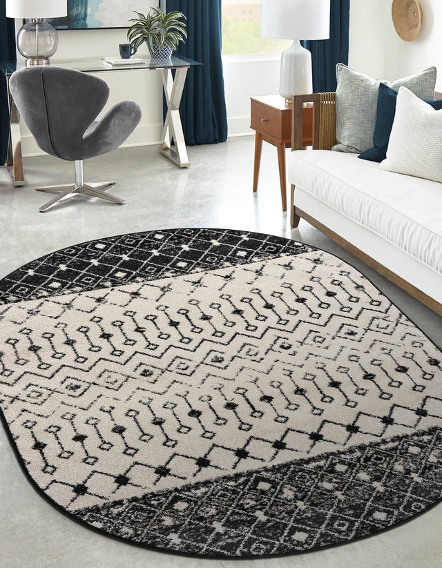 Black and White 5' 3 x 8' Tribal Trellis Oval Area Rug Geometric Southwestern Inspired Durable Carpet for Home Interior Design for Sale at Rug Engine