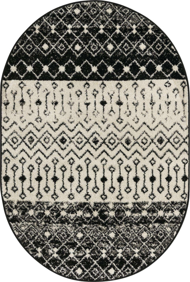 Black and White 4' 1 x 6' 1 Tribal Trellis Oval Area Rug Geometric Southwestern Inspired Durable Carpet for Home Interior Design for Sale at Rug Engine