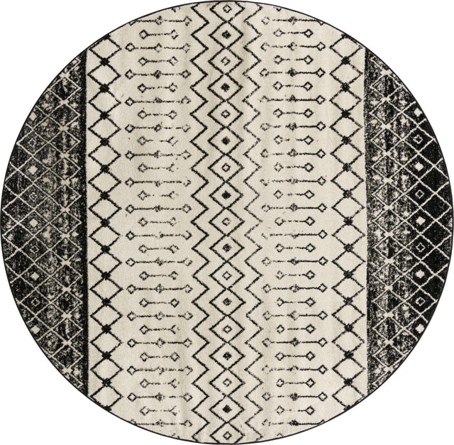 Black and White 10' x 10' Tribal Trellis Round Area Rug Geometric Southwestern Inspired Durable Carpet for Home Interior Design for Sale at Rug Engine