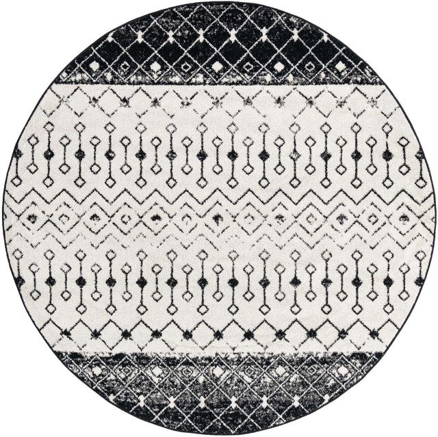 Black and White 7' 10 x 7' 10 Tribal Trellis Round Area Rug Geometric Southwestern Inspired Durable Carpet for Home Interior Design for Sale at Rug Engine