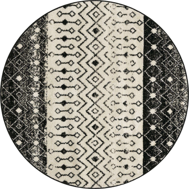Black and White 6' 1 x 6' 1 Tribal Trellis Round Area Rug Geometric Southwestern Inspired Durable Carpet for Home Interior Design for Sale at Rug Engine